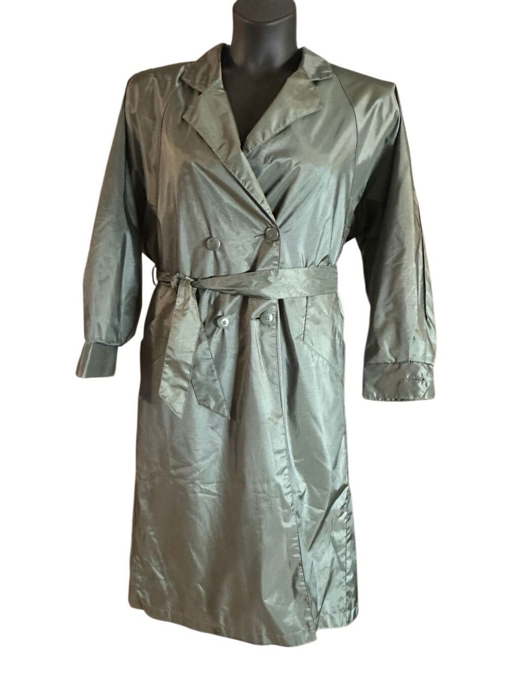 British Mist Women's Green Long Double Breasted Belted Trench Coat Size 9/10